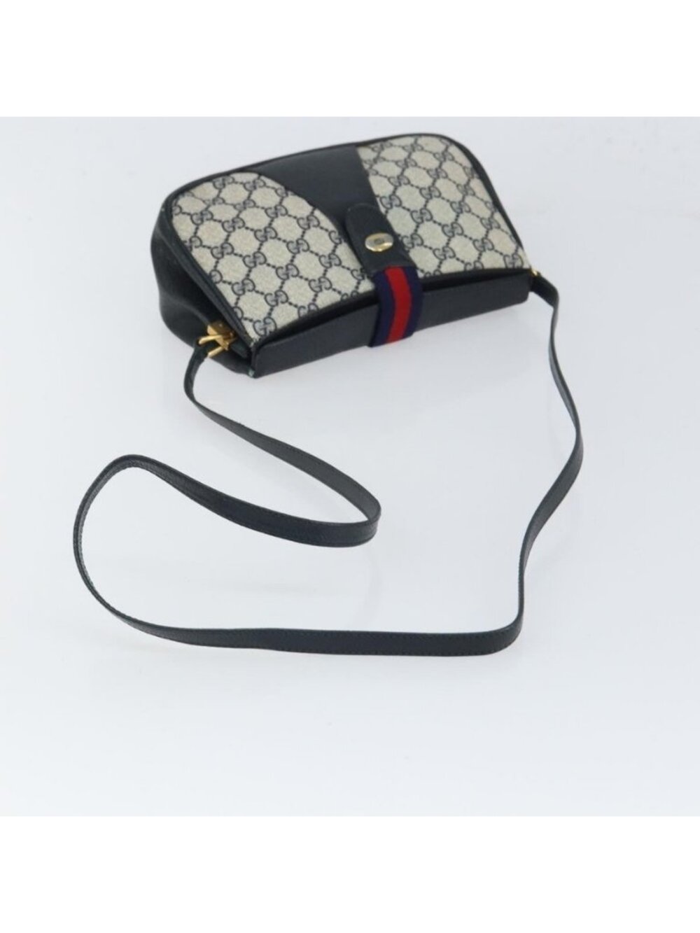 Authentic GUCCI GG Supreme Sherry Line Shoulder Bag PVC Navy Gold - Picture 14 of 16